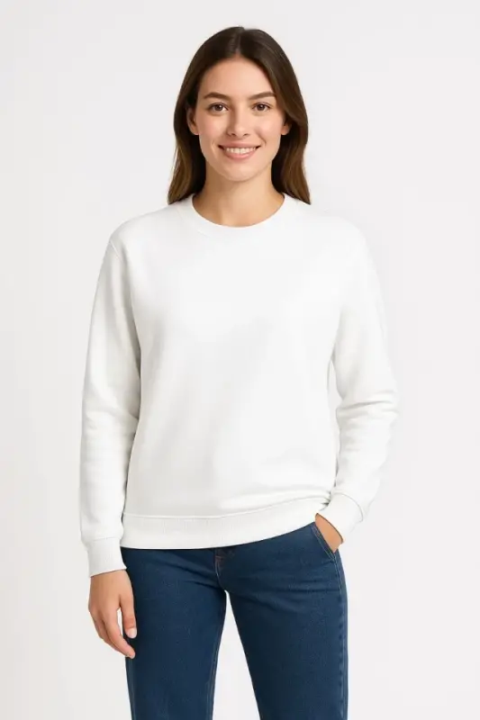 Three-Thread Plain Crew Neck Sweatshirt - White - 3