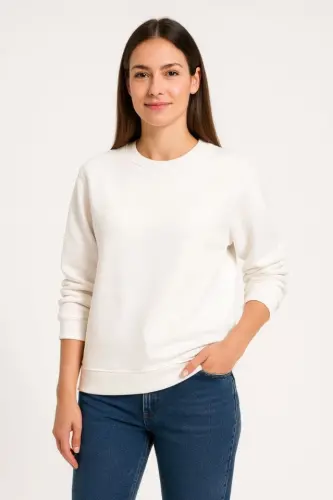Three-Thread Plain Crew Neck Sweatshirt - White - 1