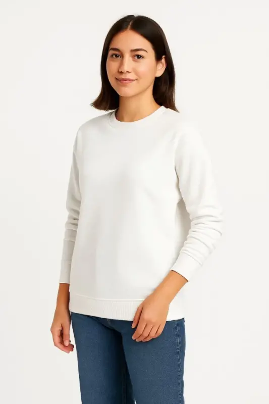 Three-Thread Plain Crew Neck Sweatshirt - White - 4
