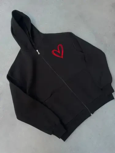 Three-Thread Printed Zippered Hoodie - Black - 1