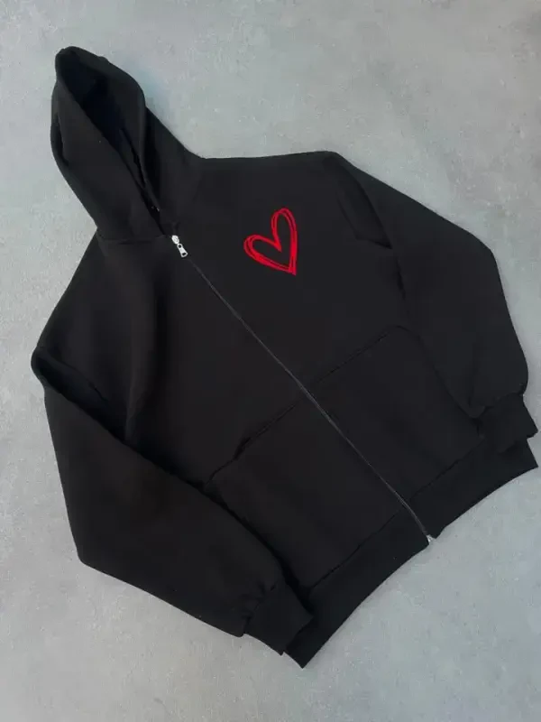 Three-Thread Printed Zippered Hoodie - Black - 1