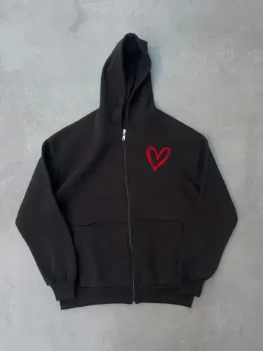 Three-Thread Printed Zippered Hoodie - Black - 2