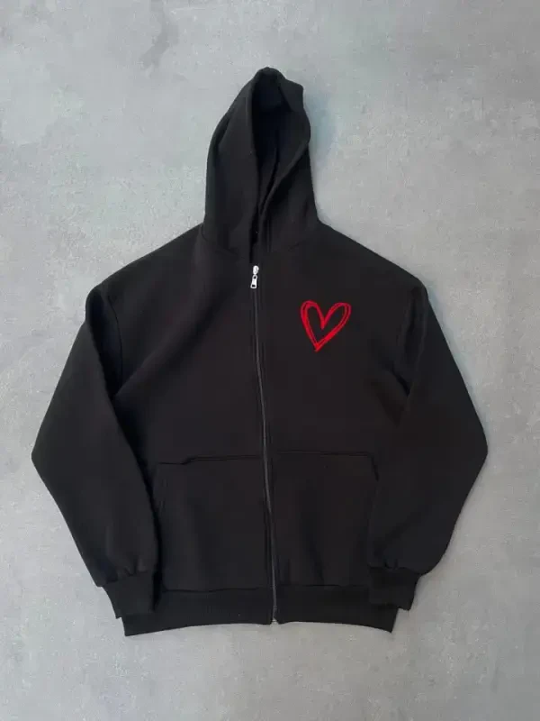 Three-Thread Printed Zippered Hoodie - Black - 2