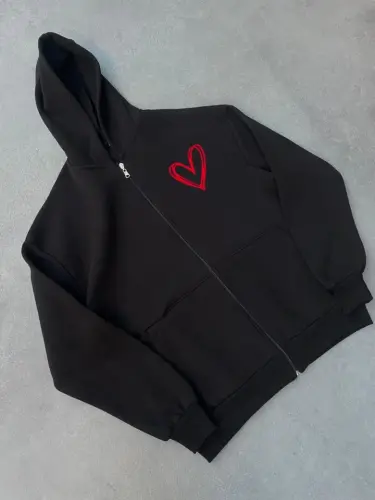 Three-Thread Printed Zippered Hoodie - Black - 1