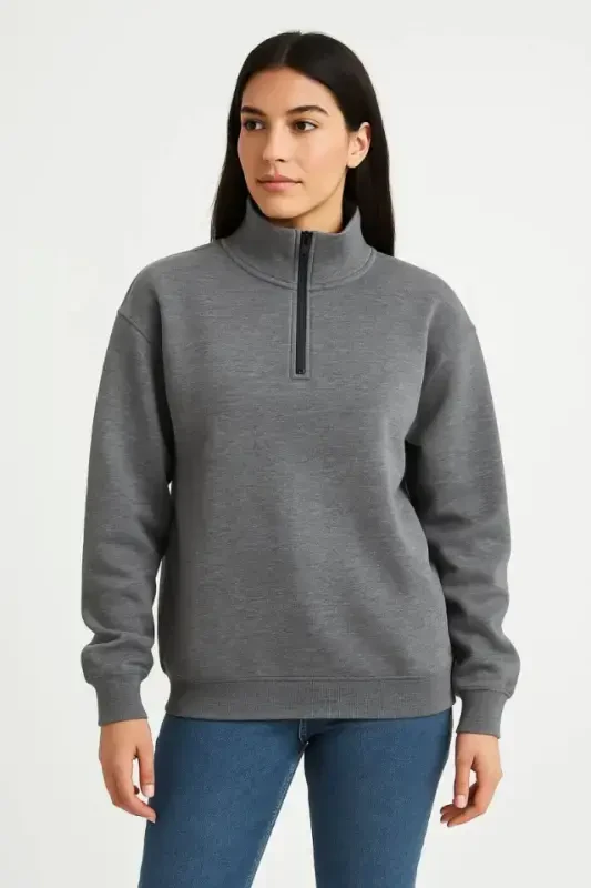 Three Thread Stand-Up Collar Half Zipper Sweatshirt - Anthracite - 1
