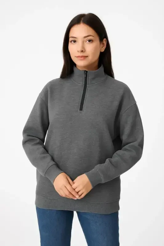 Three Thread Stand-Up Collar Half Zipper Sweatshirt - Anthracite - 2