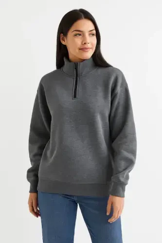 Three Thread Stand-Up Collar Half Zipper Sweatshirt - Anthracite - 3