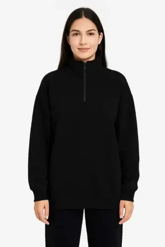 Three-Thread Stand-Up Collar Half-Zipper Sweatshirt - Black - 3