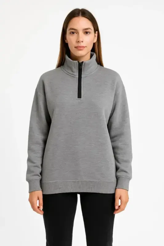 Three Thread Thick Collar Half Zipper Sweatshirt - Gray - BÜYÜKBEDENIZ