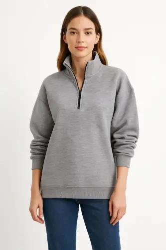 Three Thread Thick Collar Half Zipper Sweatshirt - Gray - 3