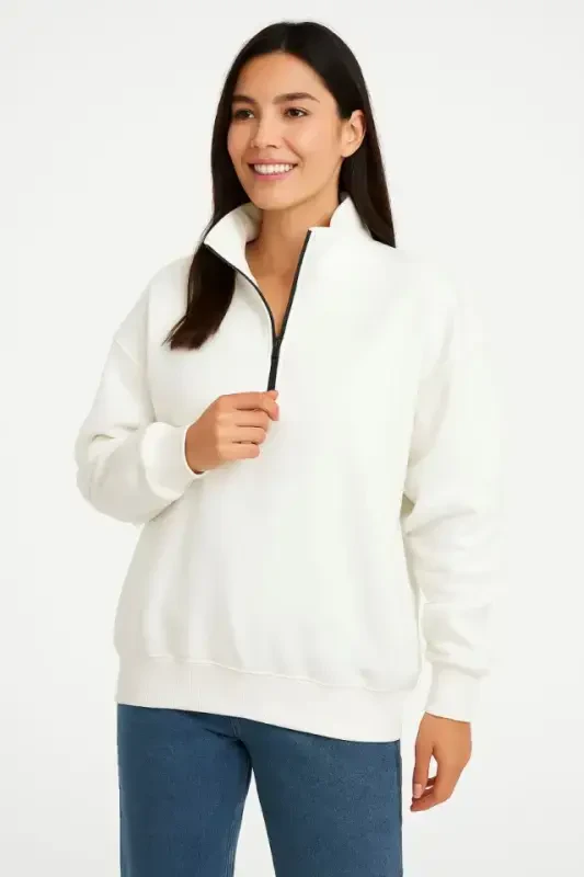 Three-Threaded Thick Collar Half Zippered Sweatshirt - White - 1