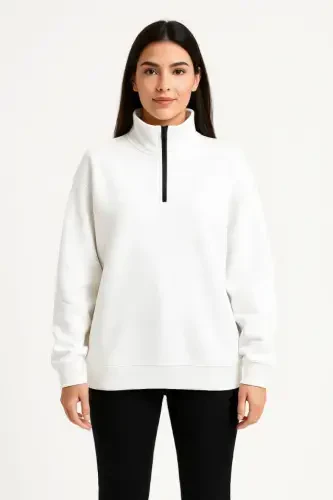 Three-Threaded Thick Collar Half Zippered Sweatshirt - White - 4
