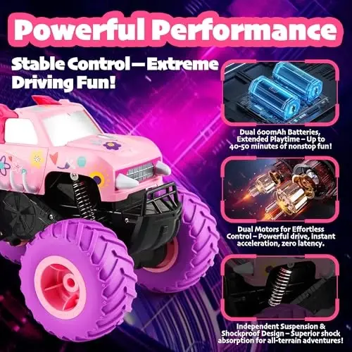 Threeking 1: 16 Waterproof Pink RC Monster Truck Toys Amphibious Remote Control Car Pickup 4WD All-Terrain Toy Gift for Girls Ages 6 7 8 9 10 11 12 Durable Off-Road Fun for Indoor & Outdoor Play - 5