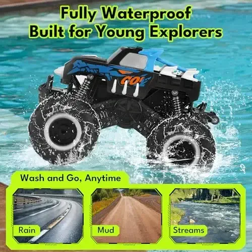 Threeking 1: 16 Waterproof Monster Truck Toys RC Cars Amphibious Remote Control Car Trucks 4WD All Terrain Off-Road Pickup Toy for 6 7 8 9 10 11 12 Year Old Boys Girls Kids Gifts Presents - 1