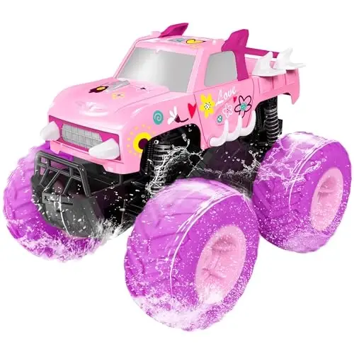 Threeking 1: 16 Waterproof Pink RC Monster Truck Toys Amphibious Remote Control Car Pickup 4WD All-Terrain Toy Gift for Girls Ages 6 7 8 9 10 11 12 Durable Off-Road Fun for Indoor & Outdoor Play 