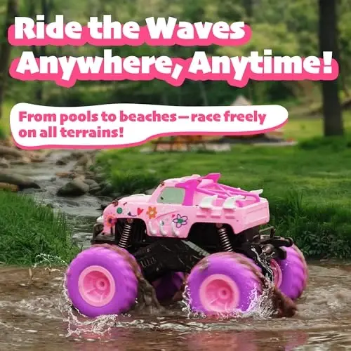 Threeking 1: 16 Waterproof Pink RC Monster Truck Toys Amphibious Remote Control Car Pickup 4WD All-Terrain Toy Gift for Girls Ages 6 7 8 9 10 11 12 Durable Off-Road Fun for Indoor & Outdoor Play - 3