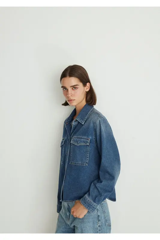 Tia All Blue Indigo Mavisi Jean Gömlek Crop / Kısa - 7