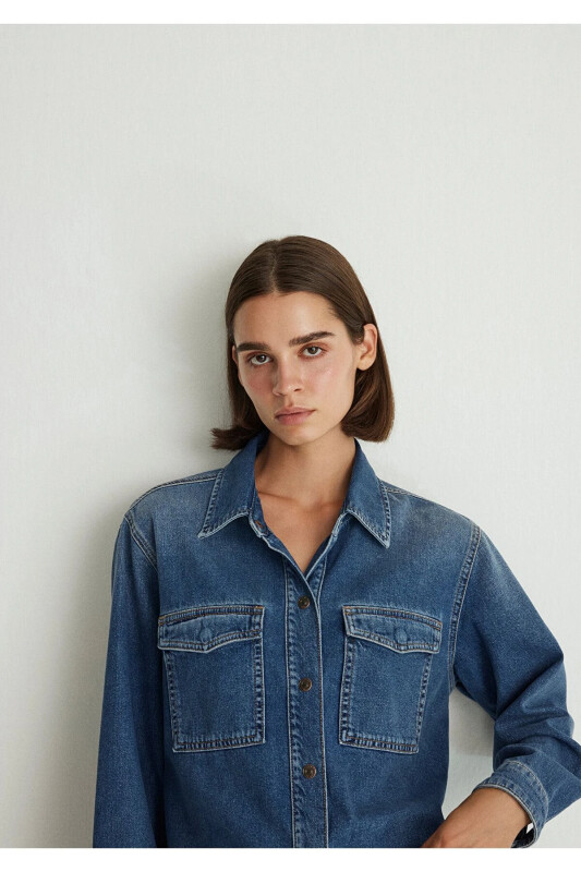 Tia All Blue Indigo Moviy Jean Ko'ylak Crop / Qisqa - MAVI