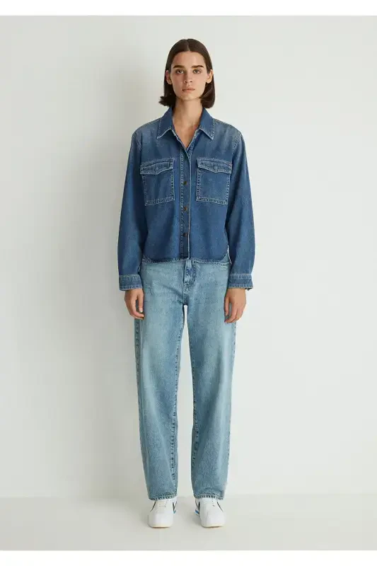 Tia All Blue Indigo Moviy Jean Ko'ylak Crop / Qisqa - 2