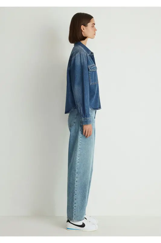 Tia All Blue Indigo Moviy Jean Ko'ylak Crop / Qisqa - 3