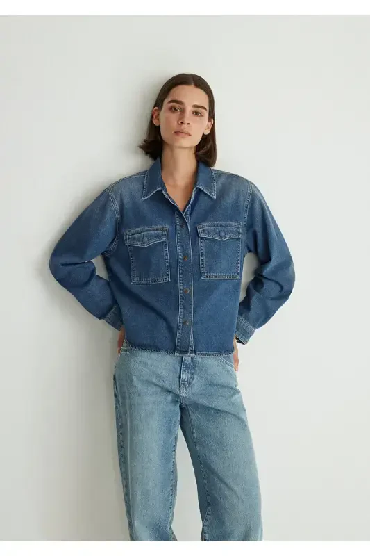 Tia All Blue Indigo Moviy Jean Ko'ylak Crop / Qisqa - 5
