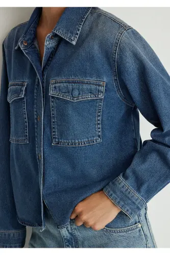 Tia All Blue Indigo Moviy Jean Ko'ylak Crop / Qisqa - 6