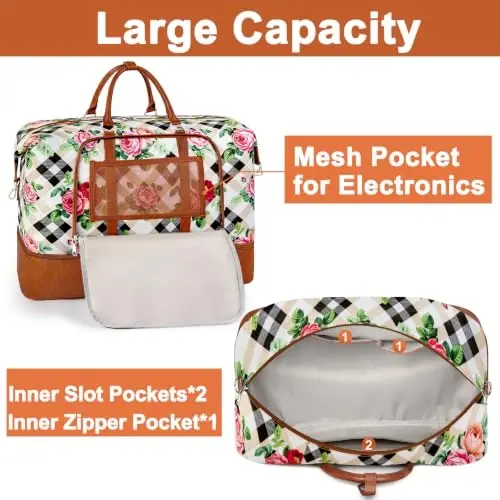 TIBES Ayollar uchun sayohat hafta oxiri sumkasi, Oyoq kiyim bo'limli tunash sumkasi | Sportzal, sayohat, kasalxona, xizmat safari uchun 3 dona katta yo'l sumkasi, Qo'lda ko'tariladigan sumka, Ho'l va quruq ajratilgan, Suvga chidamli - 4