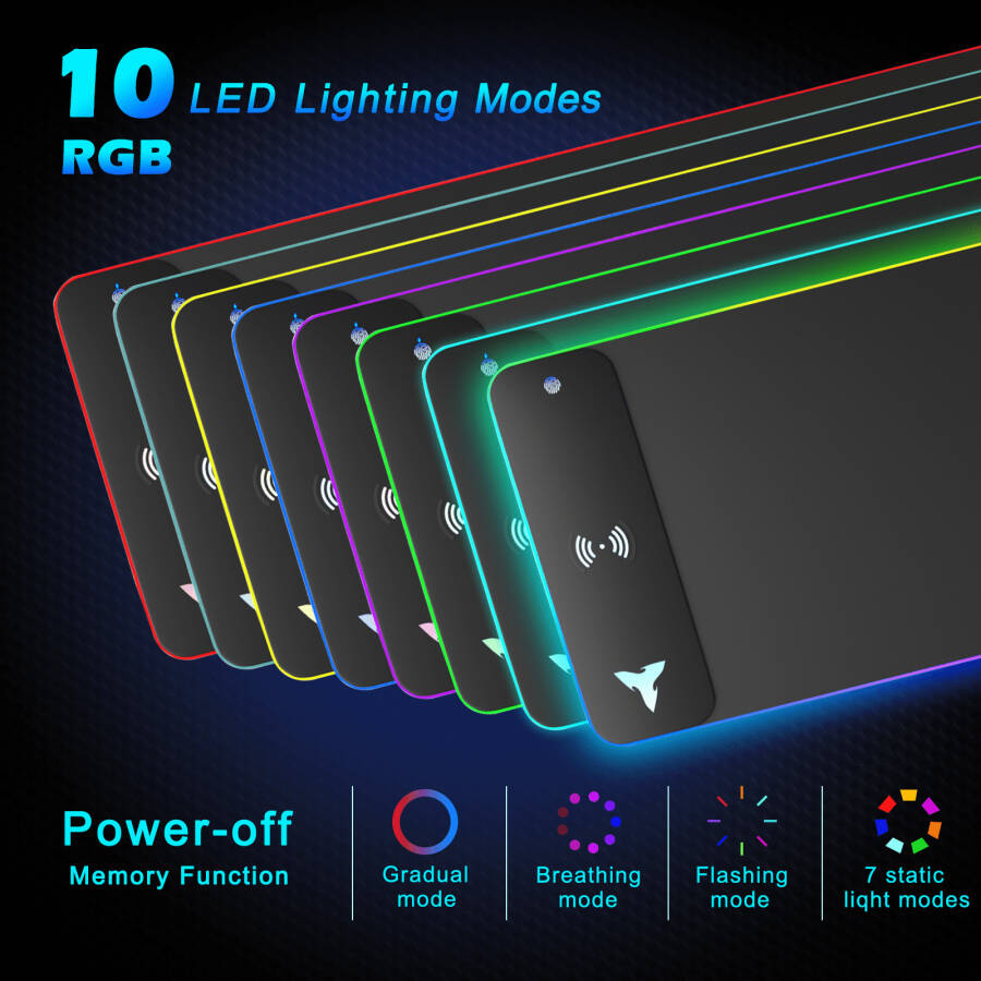 Tiburn RGB 15W Katta Klaviatura Pedasi Simsiz Zaryadlovchi O'yin Rezina Sichqoncha Pad 10 rangda (Qora) - 7