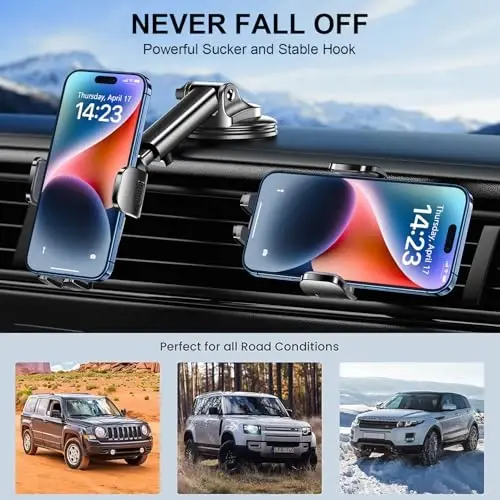 TICILFO Phone Mount for Car Phone Holder [Military-Grade Suction & Stable Clip] Car Phone Holder Mount Windshield Dashboard Air Vent Universal Automobile Mount Fit for All Dash Mounting Kits iPhone - 5