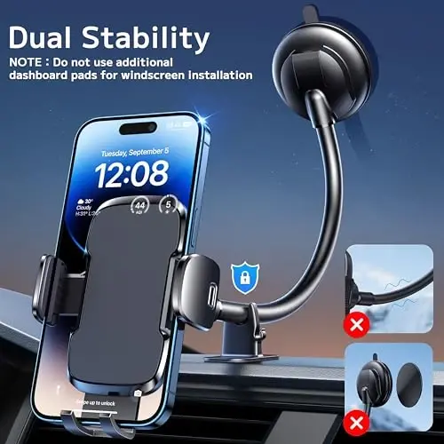 TICILFO Avtomobilingiz uchun telefon ushlagichlari [Egiluvchan g‘oz bo‘yni] Avtomobil paneli uchun telefon stendi, Oyna avtomobil aksessuarlari [Kuchli so‘rg‘ich] Barcha iPhone Android smartfonlari uchun mobil telefon avtomobil ushlagichi - TICILFO (1)