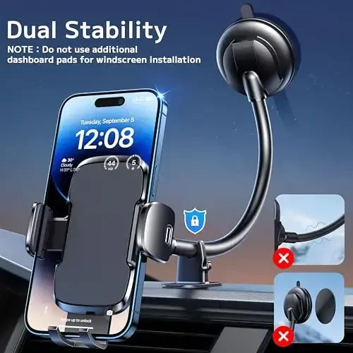 TICILFO Phone Holders for Your Car [Gooseneck Flexible] Phone Stand for Car Dashboard Windshield Automotive Accessories [Strong Suction Cup] Cell Phone Car Mount for All iPhone Android Smartphone - TICILFO (1)