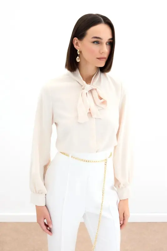 Tie Collar Plain Shirt - Beige-BEIGE - SATEEN