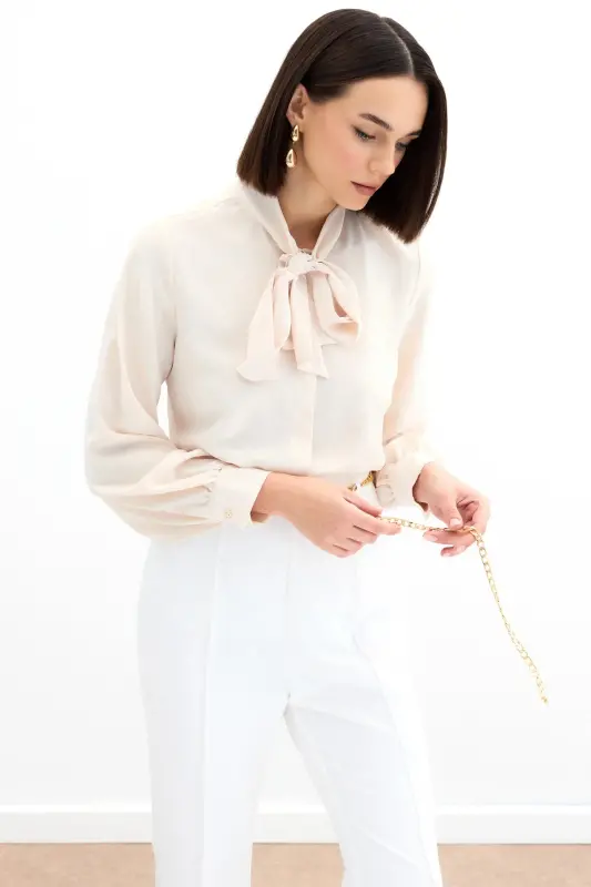 Tie Collar Plain Shirt - Beige-BEIGE - 2