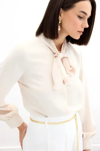 Tie Collar Plain Shirt - Beige-BEIGE - 3