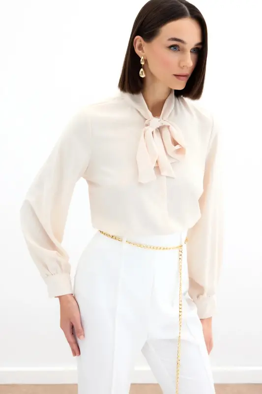 Tie Collar Plain Shirt - Beige-BEIGE - 4