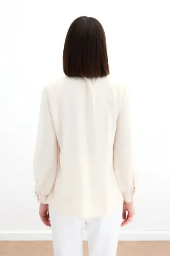 Tie Collar Plain Shirt - Beige-BEIGE - 5