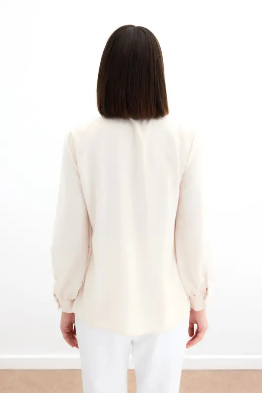 Tie Collar Plain Shirt - Beige-BEIGE - 5