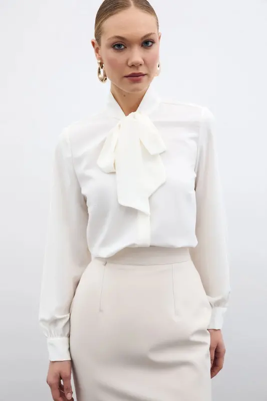 Tie Collar Plain Shirt - Ecru-ECRU - SATEEN