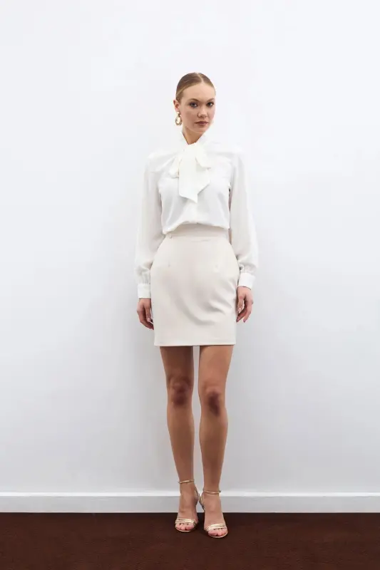 Tie Collar Plain Shirt - Ecru-ECRU - 2