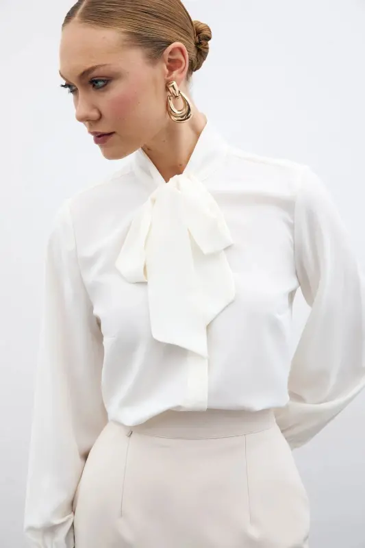 Tie Collar Plain Shirt - Ecru-ECRU - 3