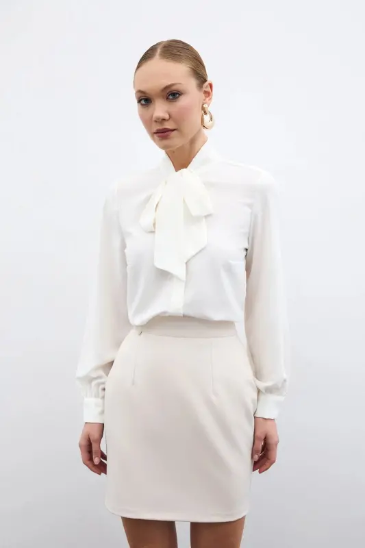 Tie Collar Plain Shirt - Ecru-ECRU - 4