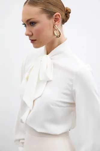 Tie Collar Plain Shirt - Ecru-ECRU - 5