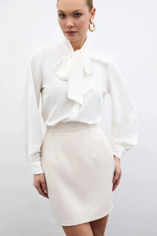 Tie Collar Plain Shirt - Ecru-ECRU - 6