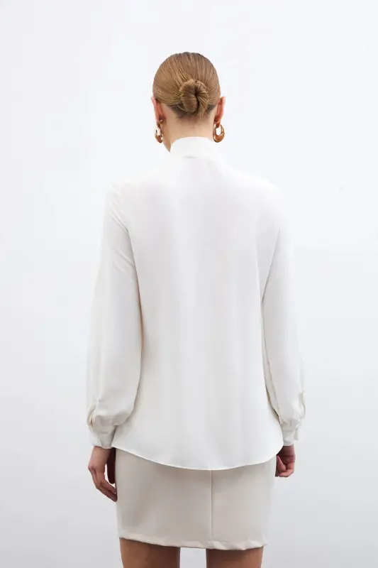 Tie Collar Plain Shirt - Ecru-ECRU - 7