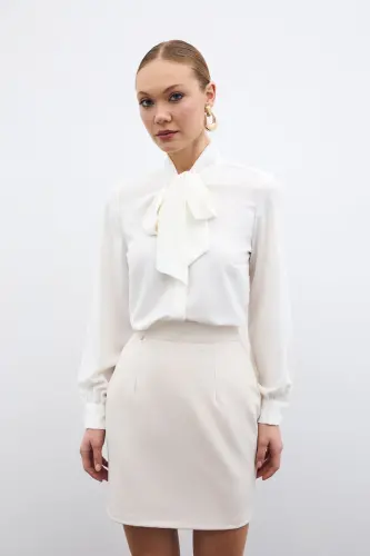Tie Collar Plain Shirt - Ecru-ECRU - 4