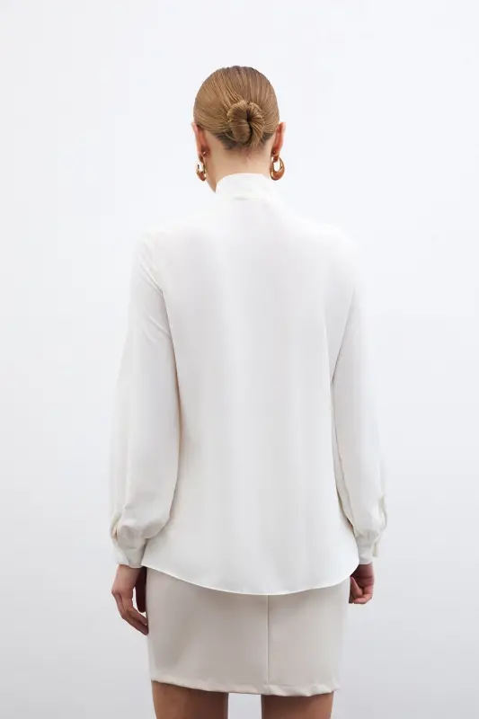 Tie Collar Plain Shirt - Ecru-ECRU - 7