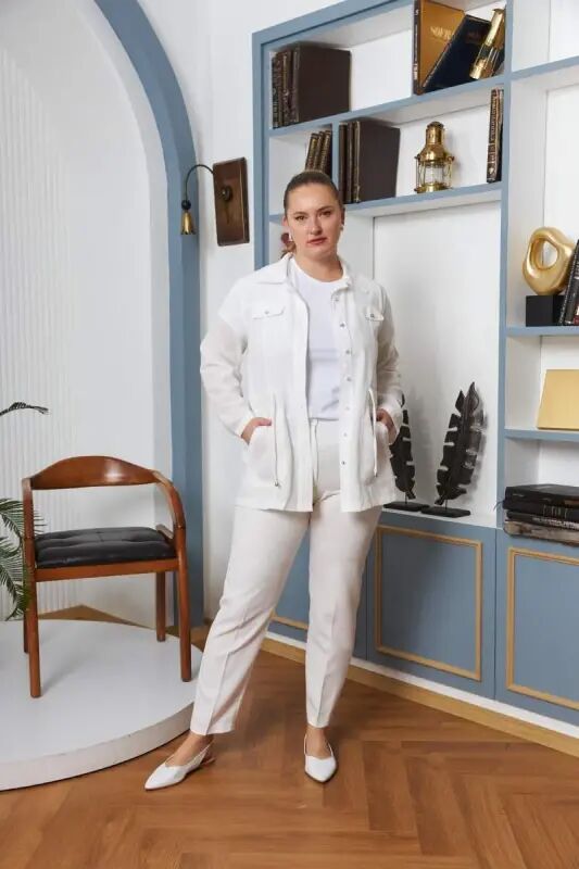 Tie-Detailed Plus Size White Linen Jacket - 5