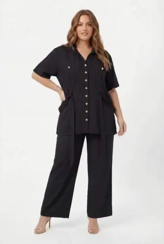 Tie Detailed Women's Plus Size Jacket Pants Two-Piece Set Black - 1