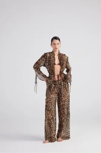Tie-Dye Detailed Leopard Print Chiffon Savage Shirt Coffee - 10