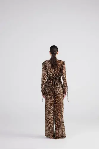 Tie-Dye Detailed Leopard Print Chiffon Savage Shirt Coffee - 12